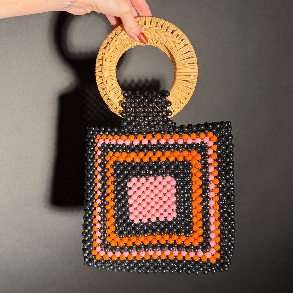 60s Inspired Beaded Handbag with Wooden Handle